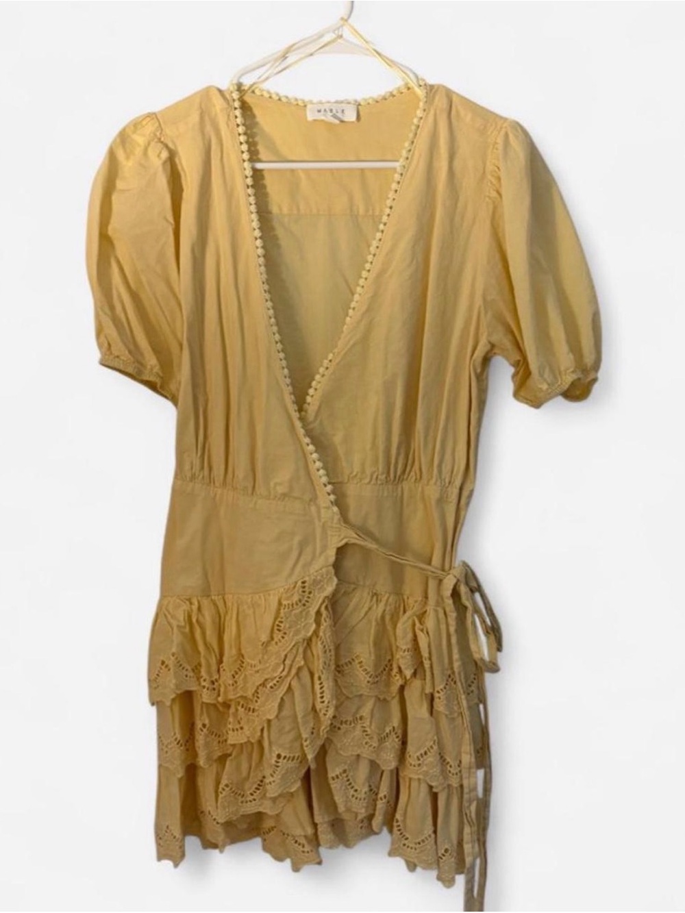 Yellow Wrap Mini Dress with Eyelet Ruffle Skirt